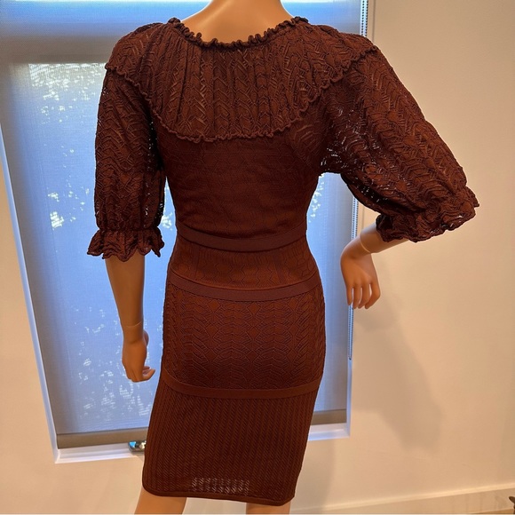 Catherine Malandrino Sz P Brown KNIT FITTED Dress W PUFF SLV CROCHET GREAT COND - Picture 6 of 9